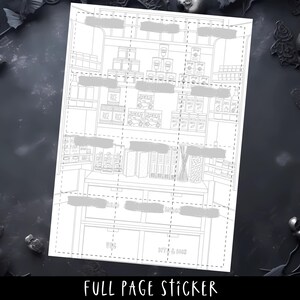 May include: Black and white line art sticker sheet featuring a detailed illustration of a store interior with shelves, products, and counters. The text "FULL PAGE STICKER" is at the bottom.