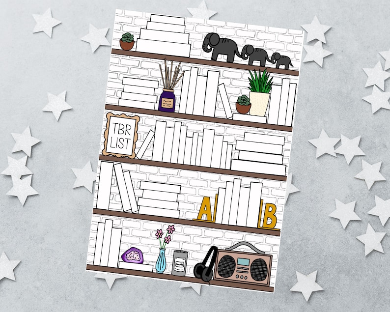 May include: A printable coloring page featuring a bookshelf with four shelves against a brick wall. The shelves contain various books, a TBR LIST sign, three elephant figurines, potted plants, a vase with flowers, a candle, headphones, and a radio.