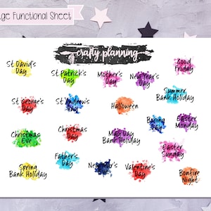 UK Holiday Watercolour Splash Stickers, UK Holiday Stickers, Bank Holiday Stickers, Monthly Stickers, Holiday Stickers, Planner Stickers