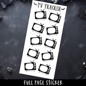 May include: A full-page sticker sheet featuring black and white retro television graphics. The text "TV TRACKER" is at the top, with the words "FULL PAGE STICKER" at the bottom.