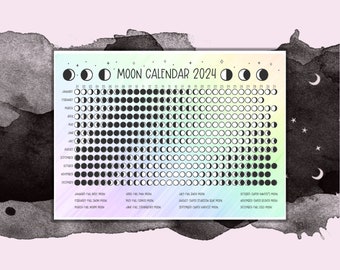 Moon Calendar 2024, Full Page Stickers, Moon Phases, 2024 Planner, Witchy Stickers, Grimoire Stickers