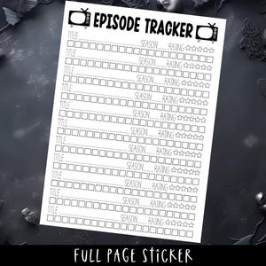Op de afbeelding: Een witte Episode Tracker-sticker met een zwarte rand. De sticker heeft een tv-afbeelding bovenaan en een raster voor het volgen van afleveringen, seizoenen en beoordelingen. De tekst "FULL PAGE STICKER" staat onderaan.