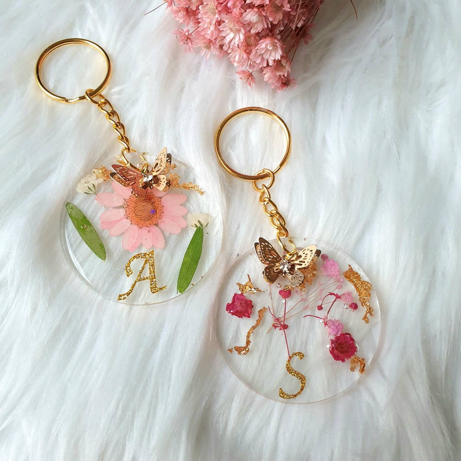 Resin Keychain, Round Shape, With Glittering Letters, Real Pink