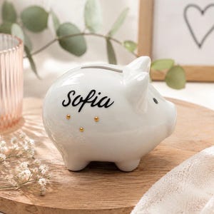 Süßes, kleines Sparschwein mit Namen, Sparschweinchen personalisiert aus Porzellan, Spardose, Sparbüchse handgefertigt