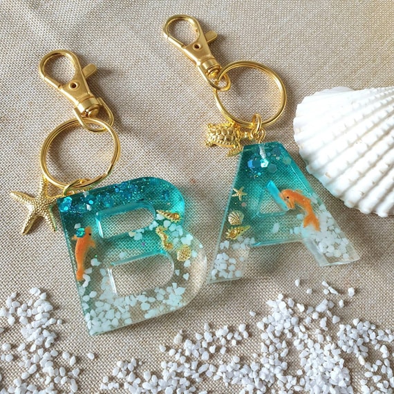 Resin Keychain With Small Underwater World, Letter With Glitter