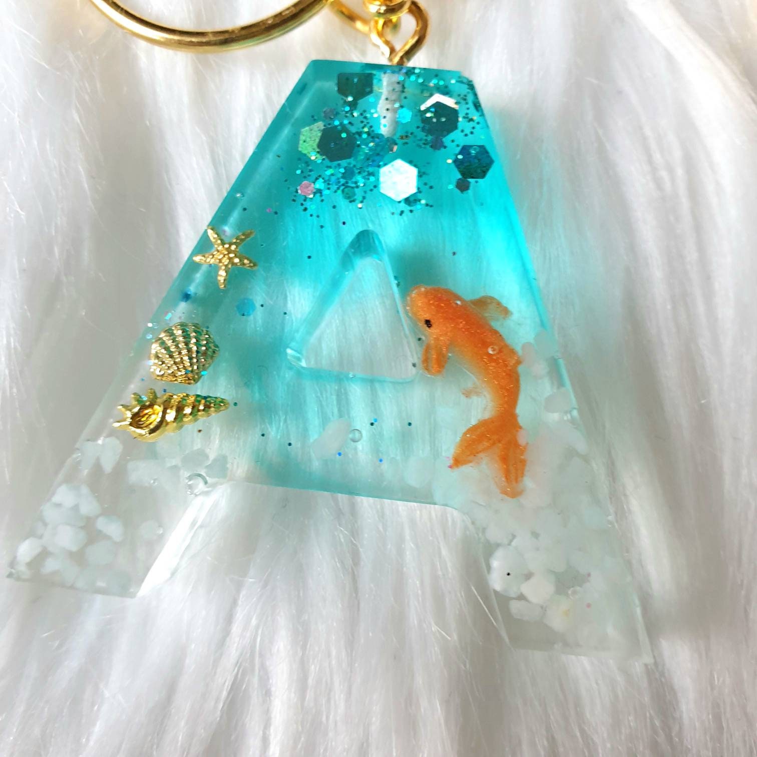 Resin Keychain With Small Underwater World, Letter With Glitter