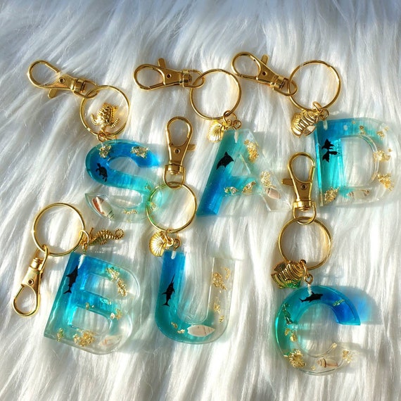 PERSONALIZED KEY CHAIN With Tassel letter Name Keychain Ocean Inspired Resin  Accessories / Beach Theme Resin Letter Keychain 