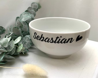Large porcelain cereal bowl or bowl with name, personalized with black writing in hand-lettering style
