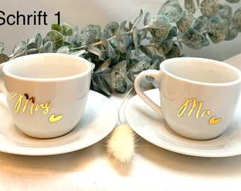 Mr & Mrs Espressotassen, Hochzeitsgeschenk, Espressotassen mit Goldschrift, Brautpaar Geschenk, Geschenk für Sie und Ihn