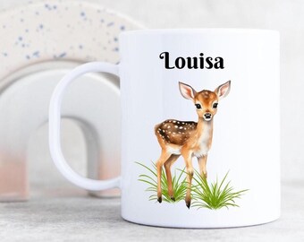 Cute, personalized children's mug with a fawn and affirmations, mug for children with name, children's mug with woodland animal