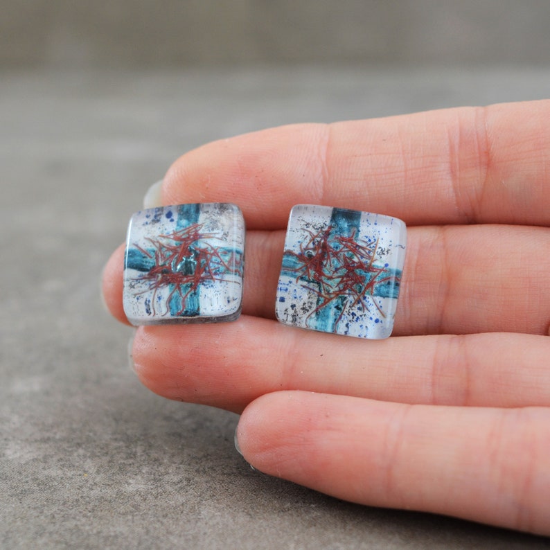 One of a kind eco friendly jewelry supply Hand painted flat back 16 mm square Undrilled beads Unique glass cabochons set of two
