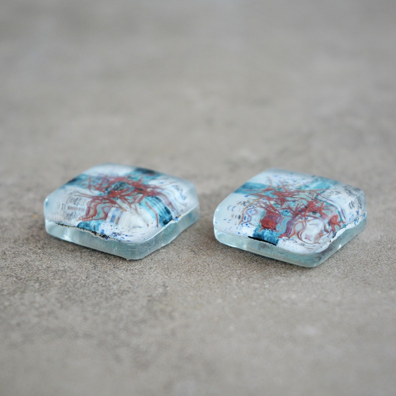 One of a kind eco friendly jewelry supply Hand painted flat back 16 mm square Undrilled beads Unique glass cabochons set of two