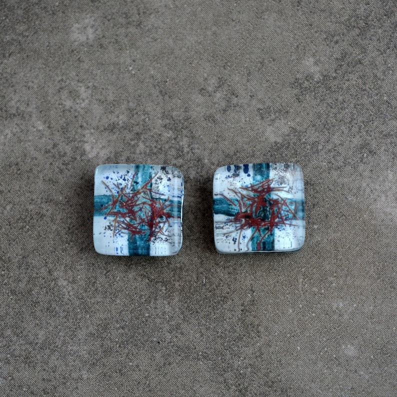 One of a kind eco friendly jewelry supply Hand painted flat back 16 mm square Undrilled beads Unique glass cabochons set of two