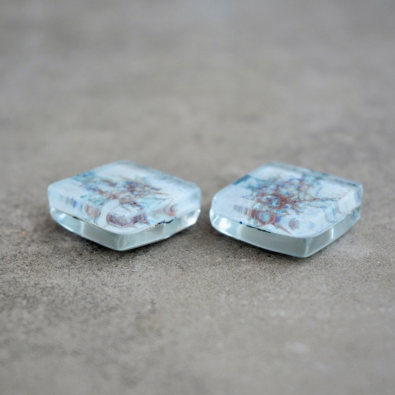 One of a kind eco friendly jewelry supply Hand painted flat back 16 mm square Undrilled beads Unique glass cabochons set of two