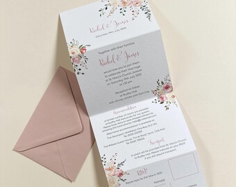 Ejemplo de invitación de boda de lujo en formato tríptico Oonagh Concertina, tamaño A6, con diseño floral en rosa, rubor, amarillo y crema.