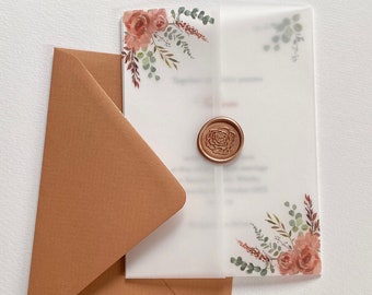 Impreso y listo plegado 5 x 7 Vellum Wrap/Jacket para invitaciones de boda DIY - Rosa naranja quemada y eucalipto