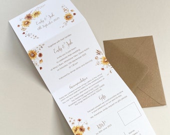 Ejemplo de invitación de boda de lujo en formato tríptico con diseño de girasoles bohemios, tamaño A6