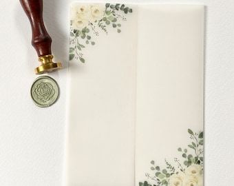 Muestra impresa y doblada lista para envolver/cubierta de vitela de 5 x 7 para invitaciones de boda hechas a mano - Ivory Rose & Eucalyptus