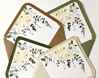 Sobre floral C6 con solapa de rombos, diseño en rosa marfil y eucalipto, con sobre opcional en color verde salvia/neutro/rústico.