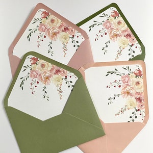 May include: Four folded cards featuring a watercolour floral design. The cards are in shades of pink, green, and white. The floral design depicts a bouquet of pink and white flowers with green leaves and stems.