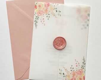 Muestra de envoltorio o cubierta de vitela de 5 x 7, impreso y listo para doblar, para invitaciones de boda hechas a mano - Peonías y rosas en acuarela de Oonagh Design