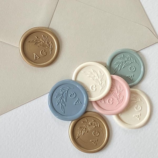 Personalised Olive Branch Wax Seal Sample - Ready Made with Self-Adhesive Backing for Botanical Wedding Invitations