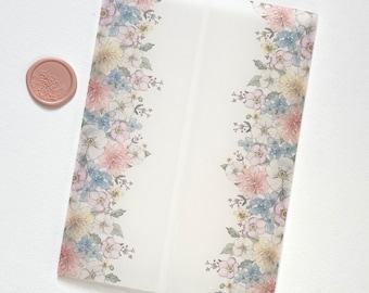 Impreso y listo plegado 5 x 7 Vellum Wrap/Jacket para invitaciones de boda DIY - Vintage Flora