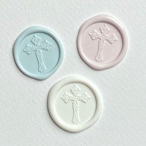 Échantillon de cachet de cire croix damassé - prêt à l'emploi avec support auto-adhésif pour les faire-parts baptême/baptême/Sainte Communion/cartes de Pâques