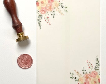 Envoltura/chaqueta de vitela de 5 x 7 impresa y lista para hacer invitaciones de boda DIY - Diseño de peonías y rosas en acuarela de Oonagh