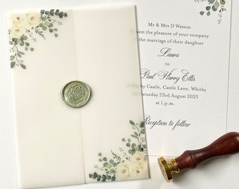 Impreso y listo plegado 5 x 7 Vellum Wrap/Jacket para invitaciones de boda DIY - Ivory Rose & Eucalyptus