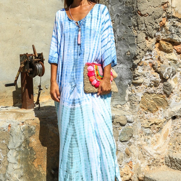 Kaftan Long, tie dye long dress, Rayon , Free big size, Boho chic, Summer wear, Beach & evening , Lose litting, From Ibiza