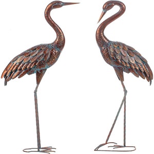 2 Set Garden Crane Statues Patina Heron Decoy, Standing Metal Crane Bird Sculptures for Outdoor  Set of 2