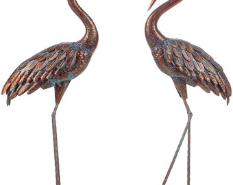 2 Set Garden Crane Statues Patina Heron Decoy, Standing Metal Crane Bird Sculptures for Outdoor  Set of 2