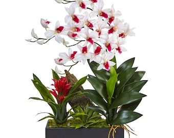 Dendrobium Orchid and Bromeliad Silk Arrangement, Purple ,Green, White