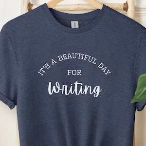 Schrijfshirt, T-shirt auteur, cadeau leraar Engels, cadeau auteur, T-shirt journalist, blauw T-shirt, blauw uniseks T-shirt
