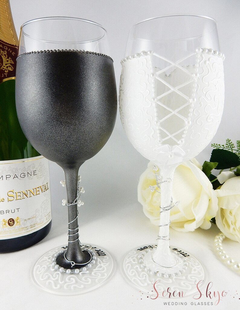Personalised wine glasses hand painted personalised bride and groom wine glasses charcoal suit hand painted postponed wedding gift