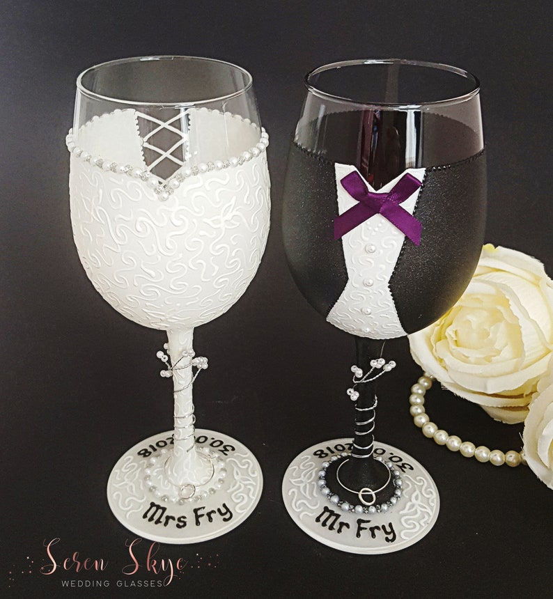 Personalised wine glasses hand painted personalised bride and groom wine glasses charcoal suit hand painted postponed wedding gift
