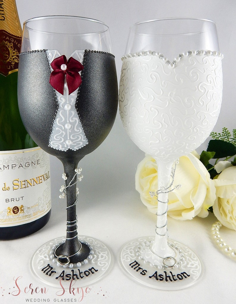 Personalised wine glasses hand painted personalised bride and groom wine glasses charcoal suit hand painted postponed wedding gift