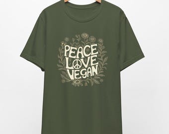 Camiseta vegana Peace Love, camiseta vegana, camiseta sin crueldad animal, camiseta vegana, ropa vegana, camiseta con derechos de los animales, camiseta vegana caqui