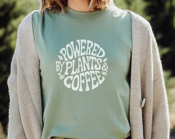 Powered By Plants & Coffee Vegan T-Shirt, Funny Vegan Tee, Coffee Lover Gift