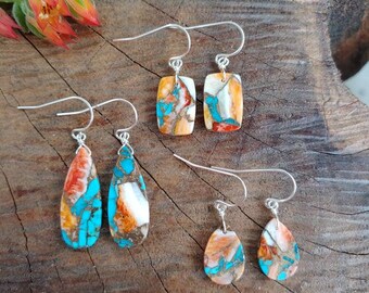 Wampum Jewelry Handmade EARRINGS Sterling Silver Purple Shell Orange SPINEY Oyster
