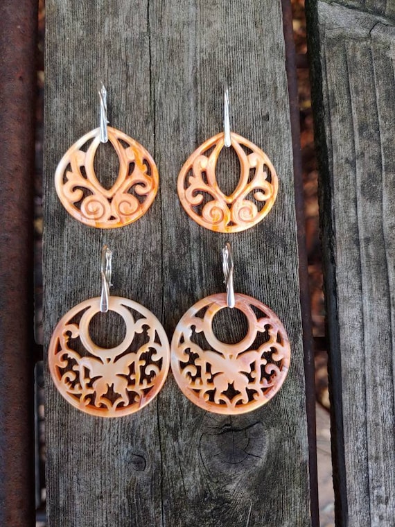 Clearance sale! Rare carved spiny oyster filigree earrings. Sterling silver shell earrings