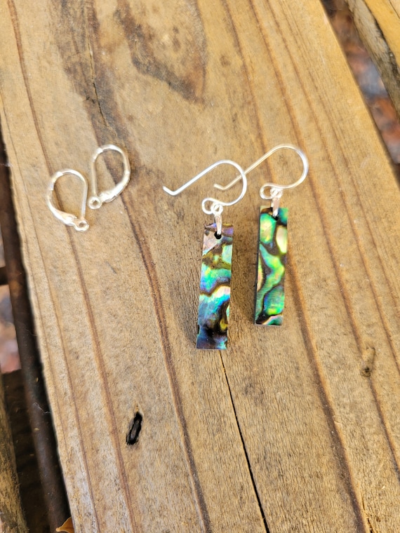 Rectangle abalone shell earrings. Silver shell earrings. Nautical earrings. Rainbow opalescense earrings