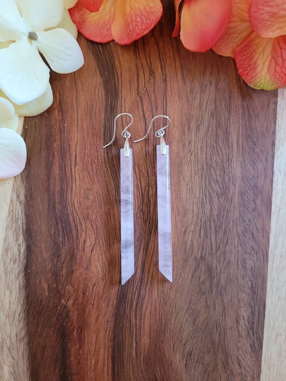 Long stick rose quartz earrings.  Teardrop rose quartz earrings.  Long pink earrings. Sexy long pink earrings