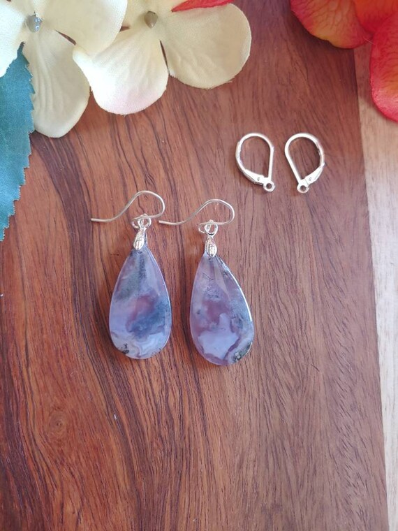 Long purple moss agate earrings.  Unique agate earrings