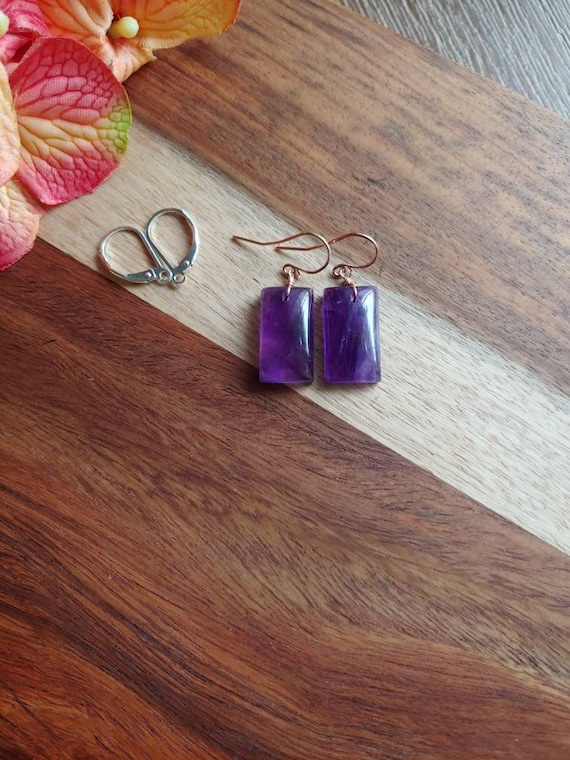 Cushion cut purple amethyst earrings.   Gold amethyst earrings.   Rose gold amethyst earrings