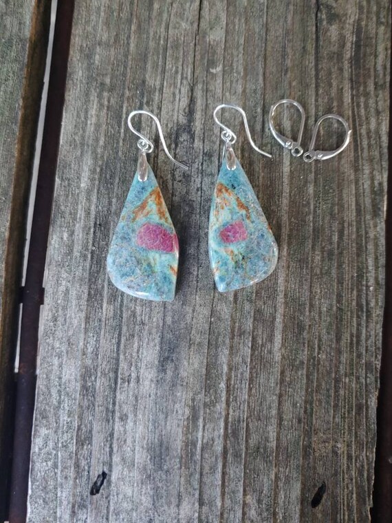Unique blue ruby in fuchsite earrings. Ruby earrings.  Sterling silver ruby earrings