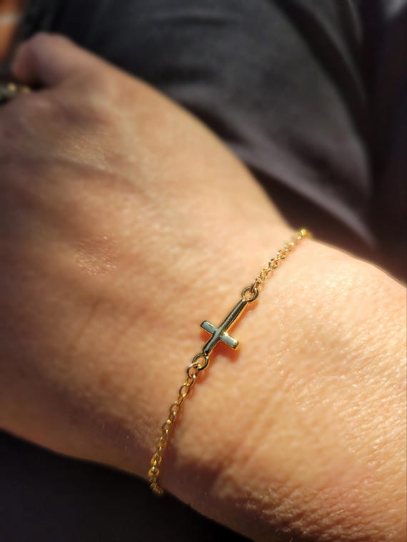 Dainty cross bracelet. Gold filled religious bracelet. Gold crucifix.