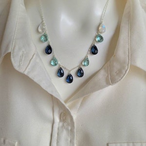 London blue topaz aquamarine and moonstone necklace. Rose gold, gold filled or sterling silver avail