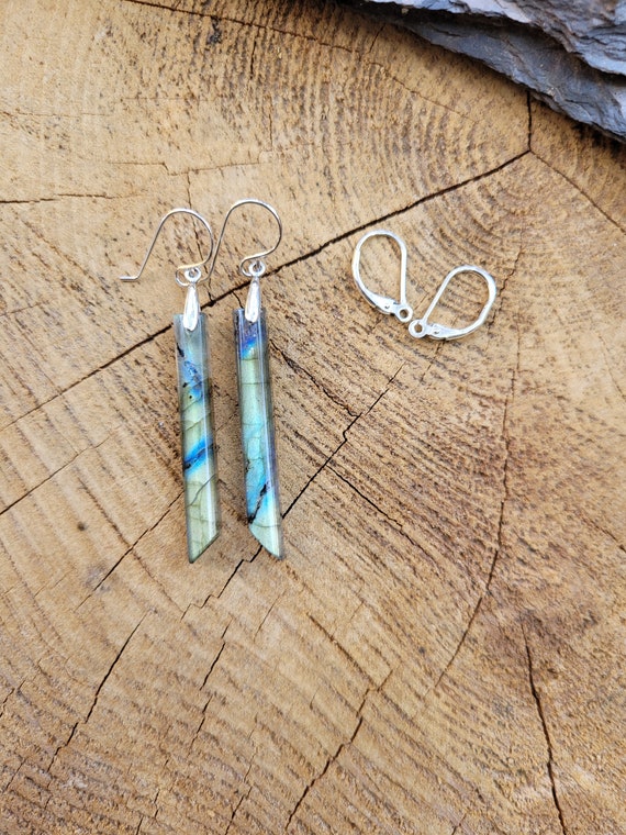 Medium length stick labradorite earrings.  Sterling silver labradorite earrings.  Long labradorite earrings. Spike earrings